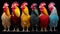 A diverse lineup of chickens with vibrant plumage colors on a black background, showcasing poultry diversity