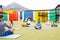 Diverse male teacher and elementary schoolchildren practicing meditation in schoolyard