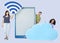 Diverse people holding wifi cloud icons in front of tablet paper cut out