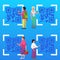 Diverse people scanning QR code, abstract flat vector illustration on blue background.