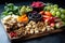 a diverse vegan snack board with vegetables, fruits, nuts, and tofu