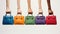 Diverse Women\\\'s Hands Handing Multiple Colorful Handbags On White Background. Generative AI