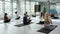 Diverse women train together practice yoga on class