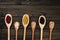 Diversity of beans inside wooden spoons. Black wood background