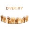 Diversity concept design, hands up with text