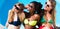 Diversity girls sitting on swimming pool in summer relaxing