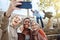 Diversity, happy women or phone selfie on college campus steps, university bleachers of school stairs for social media