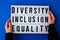 Diversity inclusion equality lettering. Text. Diversity, Age, Ethnicity, Sexual Orientation, Gender, Religion. Equal rights social