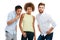 Diversity, people together and standing casual isolated in white background. Interracial models, comic friends and