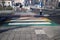 Diversity rainbow pedestrian crossing at the Fluwelensingel in downtown Gouda in the Netherlands.