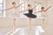 Diversity women in ballet dance collaboration, art school team performance and dancing in class studio. Young