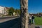 Divided picture with a close up on the structure of a concrete wall of the Berlin Wall Memorial at the Memorial Park, in