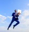 Divine manager. Businessman formal suit fly in air with laptop blue sky background. Heavenly online support. Excellent