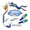 Diving accessories as silicon goggles, rubber tube, blue flippers,