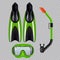 Diving accessories realistic set with snorkel breathing tube mask and flippers green on transparent background vector illustration