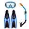 Diving accessories realistic set with snorkel breathing tube mask and flippers for underwater sport blue vector illustration