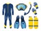 Diving equipment, set. Scuba diving, aqualung oxygen cylinders, diving costume, flippers, mask and tube. Vector illustration