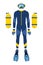 Diving equipment, set. Scuba diving, aqualung oxygen cylinders, diving costume, flippers, mask and tube. Vector illustration