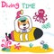 Diving with funny lion driving submarine. Creative vector childish background for fabric, textile, nursery wallpaper, poster, card