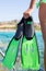 Diving goggles, snorkel and snorkeling fins at