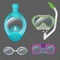 Diving mask. Professional glasses for underwater exploration different types decent vector realistic templates