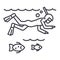 Diving in the sea with fish,scuba,snorkeling vector line icon, sign, illustration on background, editable strokes