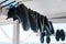 Diving shoes are drying. Underwater swimming equipment. Rubber diving boots
