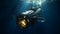 Diving small research submarine illustration in middle of dark waters