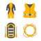 Diving suit, life jacket, raft, lifebuoy flat icons. Tourism equ