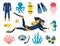 Diving and underwater world, set of elements. Diver with aqualung oxygen cylinders and flippers, mask, tube, marine life elements