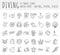 Diving vector hand draw icon set. Diving equipment, sealife, sea attributes in one lined doodle icon collection. Crab