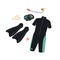 Diving wet suit, flippers, goggles mask, scuba tube for snorkeling. Wetsuit, jumpsuit for underwater swimming, foot fins