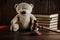 Divorce and alimony concept. Wooden gavel and teddy bear as symbol of child on a desk