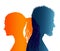 Divorce concept. End of the wedding. Separation between groom and bride. Divorced man and woman. Isolated couple colored silhouett
