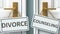 Divorce or counseling as a choice in life - pictured as words Divorce, counseling on doors to show that Divorce and counseling are