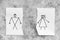 Divorce or falling apart concept. Torn sheet of paper with drawn man and woman on grey background top view