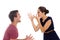 Divorce, fight and angry couple screaming in studio for cheating, liar or mistake on white background. Marriage