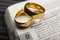 Divorce and separation concept. Two golden wedding rings. Dictionary definition.