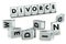 DIVORCE word written on glossy blocks and fallen over blurry blocks with WEDDING letters. Quick wedding, fast divorce - concept.