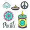 Diwali colorful signs collection. Lotus, rangoli, diya and peace hand drawn symbol