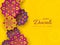 Diwali festival holiday design with paper cut style of Indian Rangoli. Purple color on yellow background, illustration.