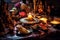 Diwali puja prayers with a beautifully decorated puja thali, idols, and incense. Generative Ai