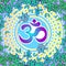 Diwali spiritual sign Om over tribal geometric pattern. Trendy and bright artwork compositin. Vector religious illustration,
