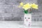 DIY Easter vase bunny from glass jar, felt, googly eyes on a green background