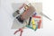 DIY electronics hobby kit opened heatshrink laying around on the grey background. DIY engineer electronic kit set.