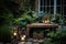 diy garden with mix of contemporary and traditional elements, including wooden bench and glass lanterns