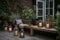 diy garden with mix of contemporary and traditional elements, including wooden bench and glass lanterns