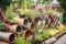 diy garden project with recycled materials, such as old metal pipes and cans