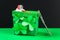 DIY leprechaun trap with gold coins, rainbow and green ladder St Patricks Day background