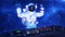 DJ astronaut, disc jockey spaceman with hands up playing music on turntables, cosmonaut on stage with deejay audio equipment, 3D